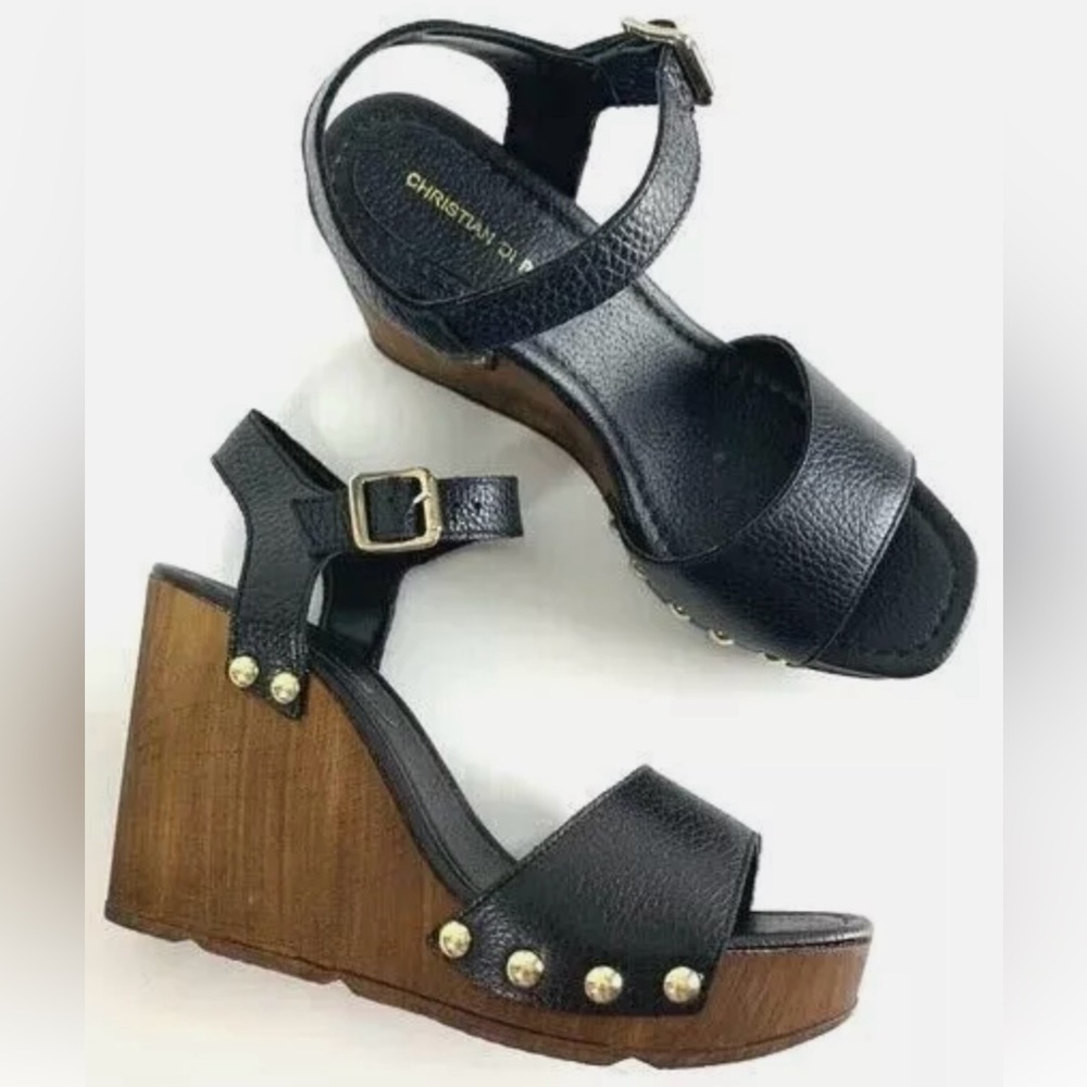 Black Leather Wedge Sandals NWT